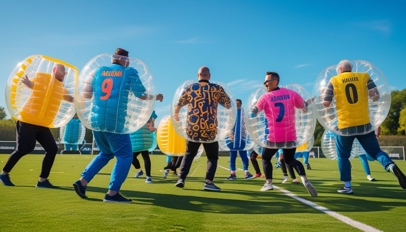 A group of people playing bubble football outdoors wearing colourful personalised jerseys inside transparent inflatable bubbles.