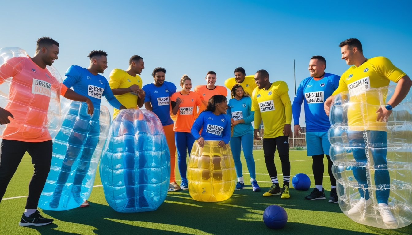 A group of people wearing personalised bubble football jerseys on a football pitch, preparing to play and interacting with each other.