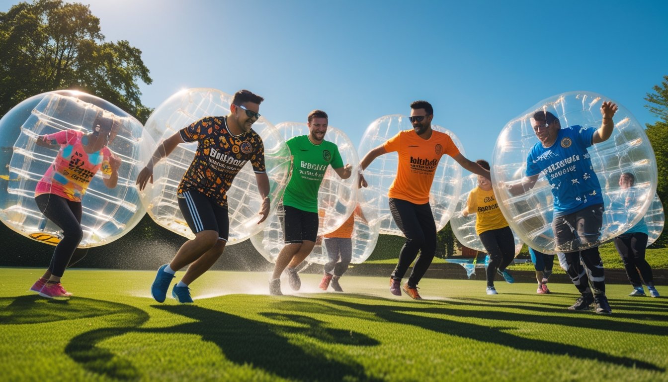 A group of people playing bubble football outdoors wearing colourful personalised jerseys inside large inflatable bubbles on a grass field.