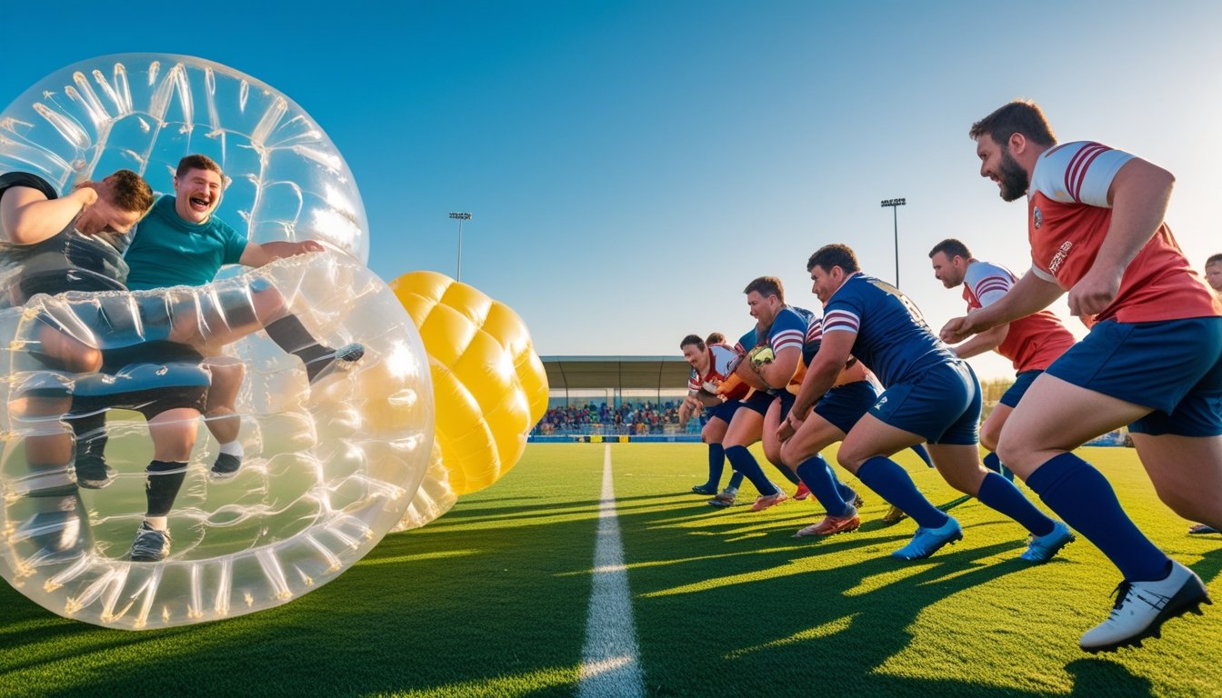 Players in inflatable bubble suits bumping into each other on one side of a field, while rugby players in traditional kits engage in a scrum on the other side.