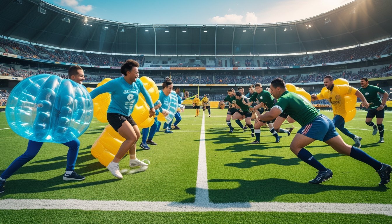 Players in inflatable bubble suits playing bubble football and rugby players competing on a green field with a stadium and crowd in the background.