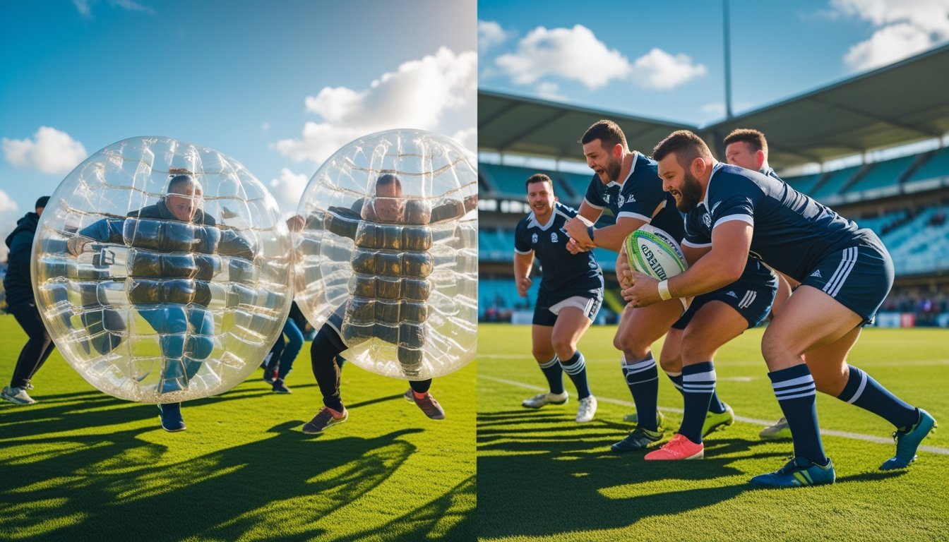 Two groups of athletes playing sports side by side outdoors, one group wearing large inflatable bubbles and the other engaged in a rugby scrum on a grassy field.