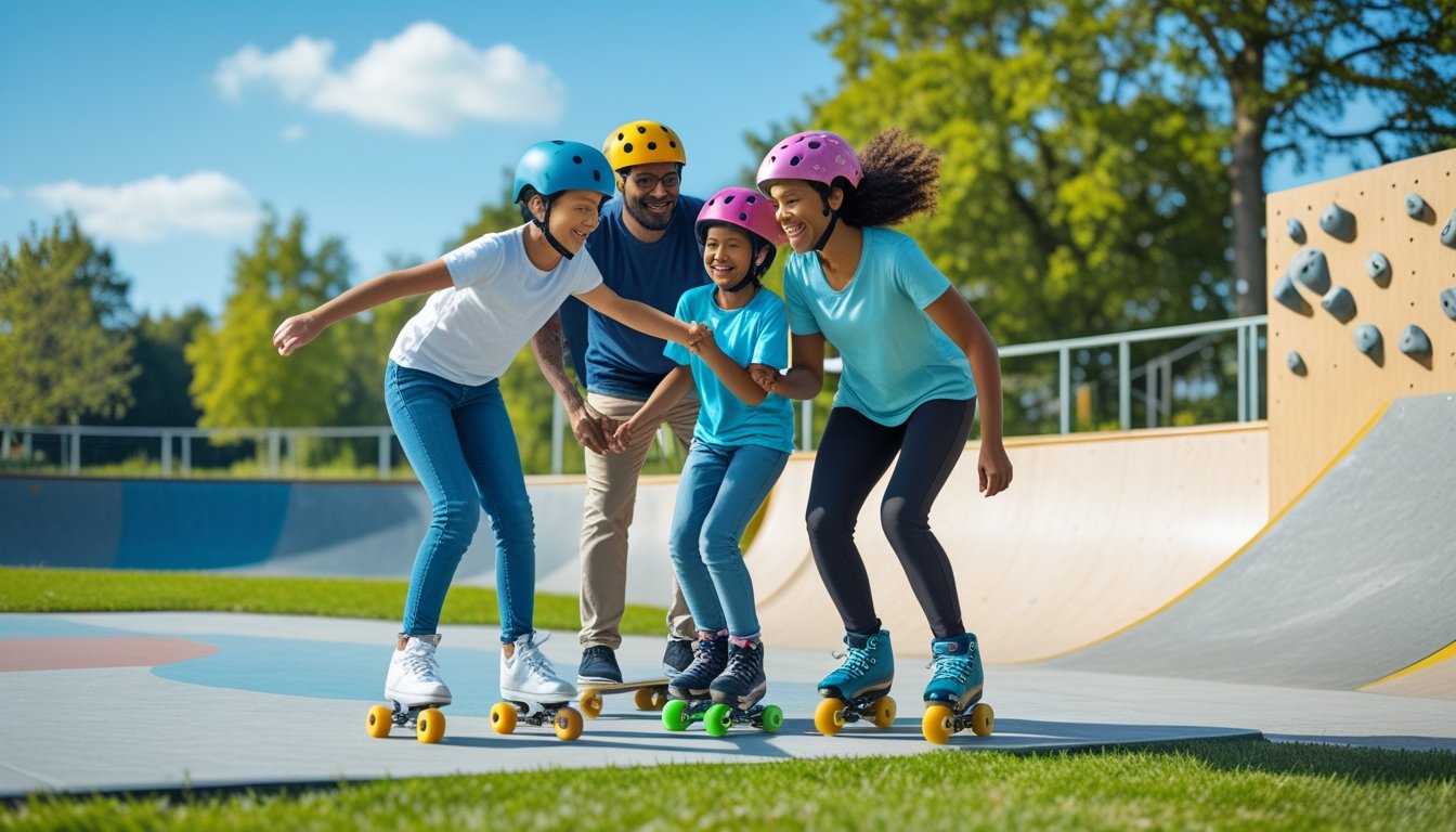A family of four enjoying outdoor alternative sports together, including skateboarding and rock climbing, in a sunny park.