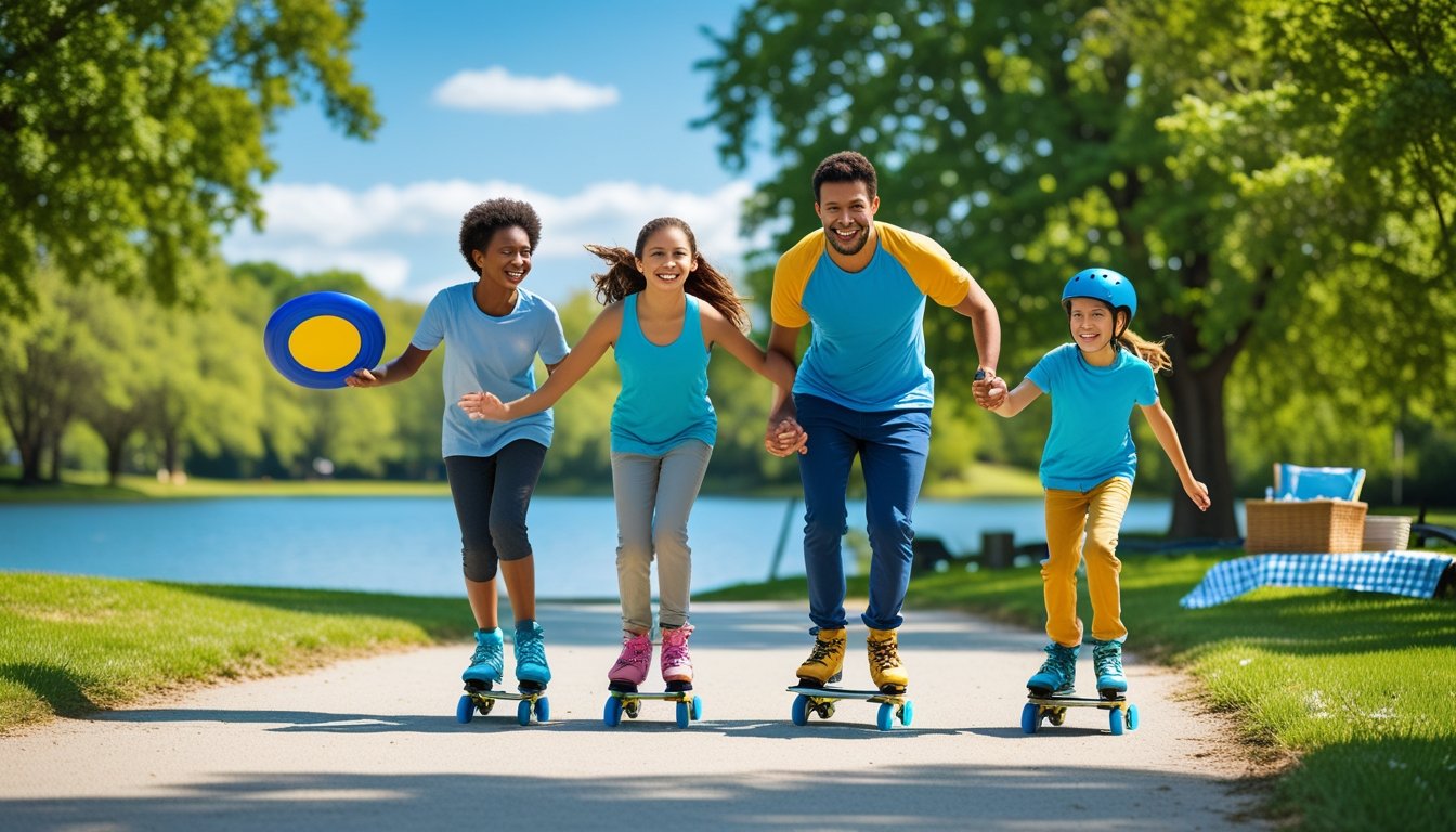 A family of four enjoying alternative sports like frisbee and rollerblading together in a sunny park with trees and a lake.