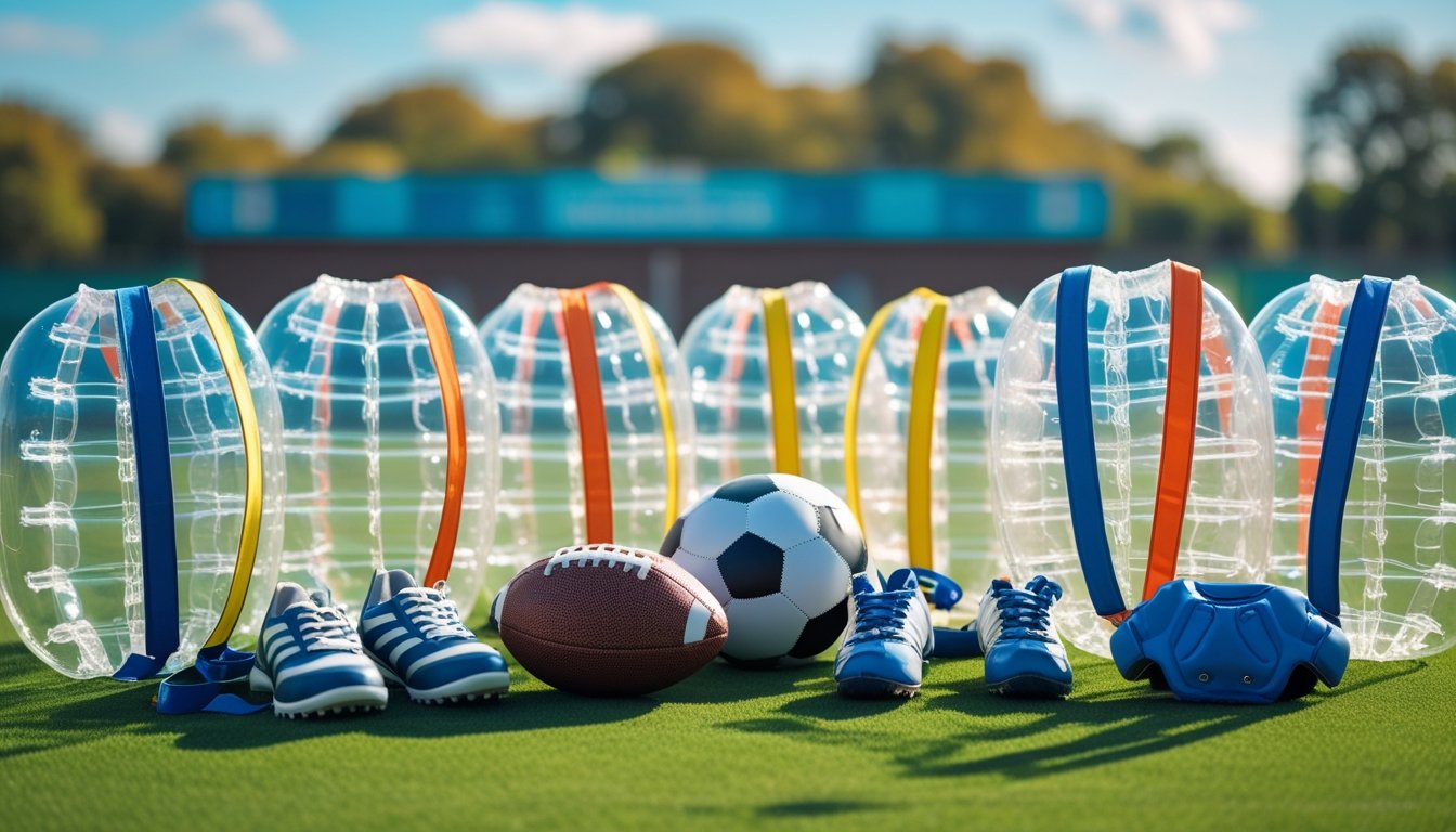 Bubble football equipment including inflatable bubble suits, a football, protective pads, and sports shoes arranged on a grass field.