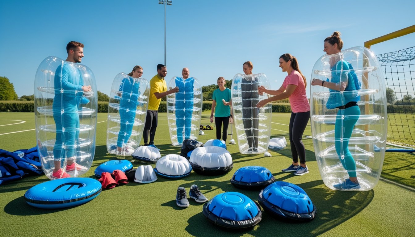 A group of people outdoors on a grassy field wearing and adjusting inflatable bubble football suits with the help of an instructor.
