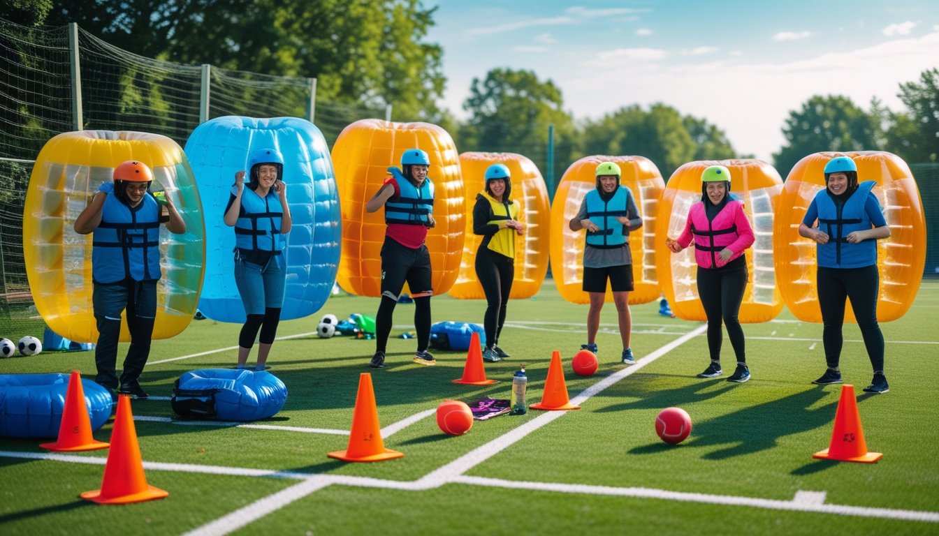 A group of people wearing inflatable bubble football suits standing on a football pitch, preparing to play.