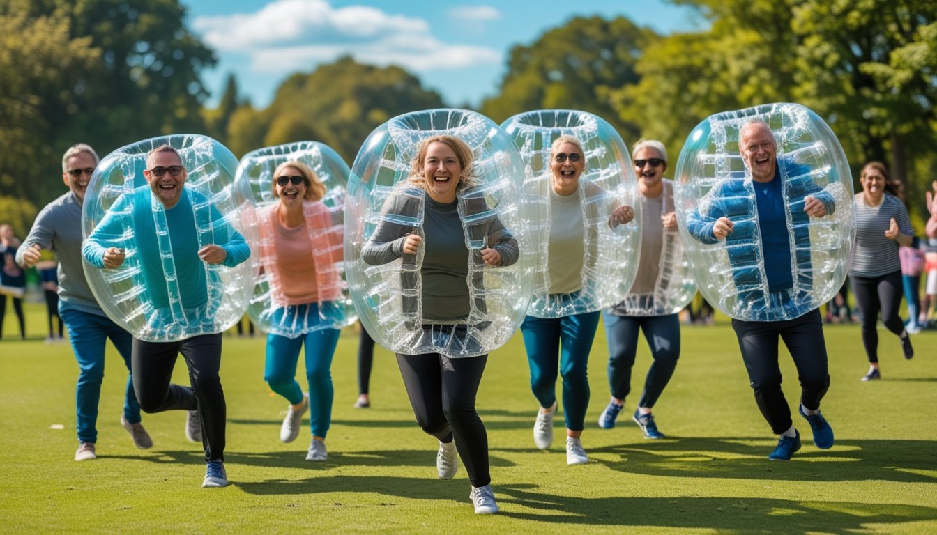 A group of adults playing bubble football outdoors in inflatable bubble suits, running and laughing on a grassy field.