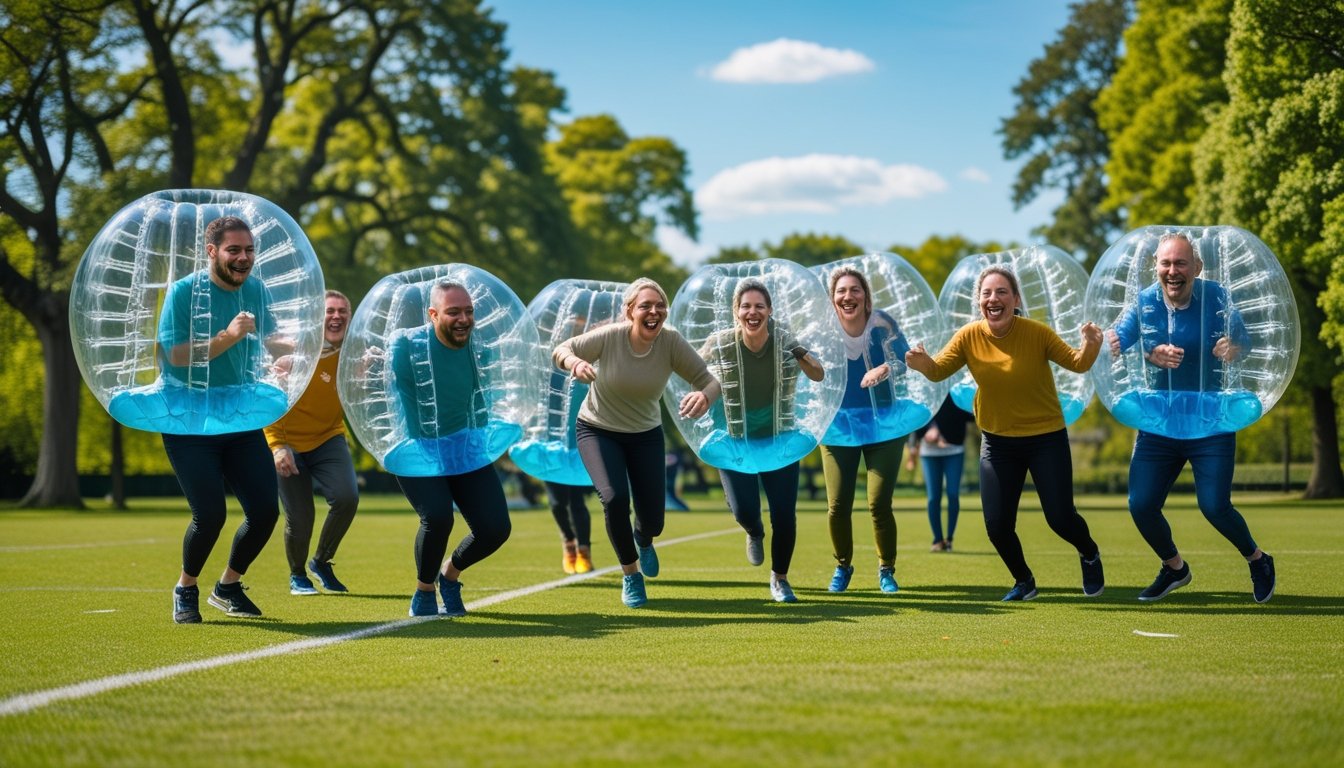 A group of adults playing bubble football outdoors in a park, wearing inflatable bubbles and enjoying the game together.