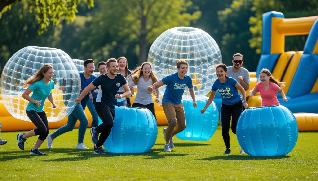 A group of people playing various fun outdoor team games in a park, including inflatable activities and obstacle courses, enjoying themselves together.