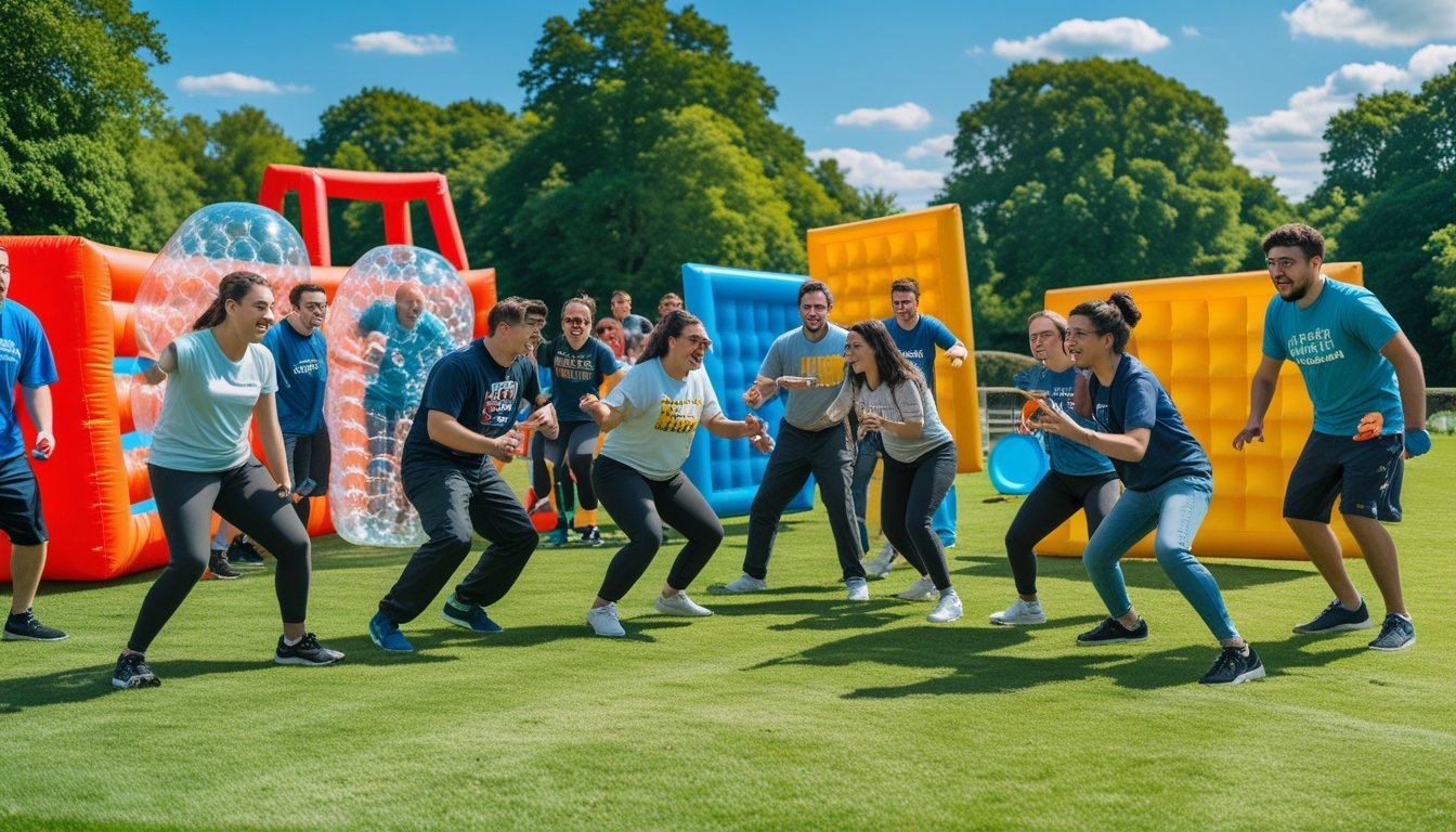 A group of young adults playing various unusual outdoor sports on a grassy field under a clear blue sky.