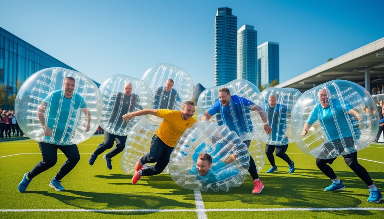 Players in inflatable bubbles colliding on a green football pitch with a city background.