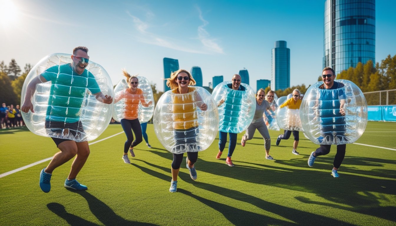 A group of adults playing bubble football outdoors on a green field with a city in the background.