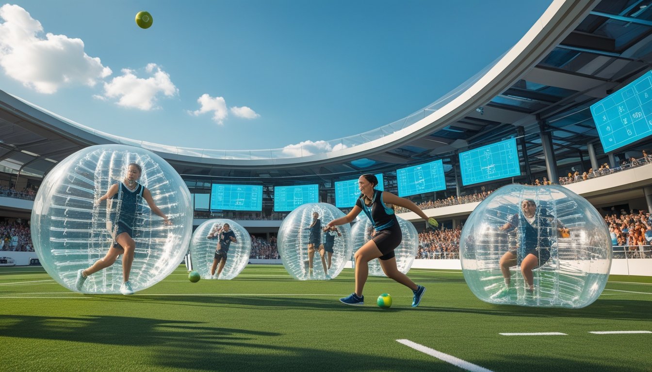 Athletes in inflatable bubble suits playing a game on a green field in a modern outdoor sports arena with spectators watching.