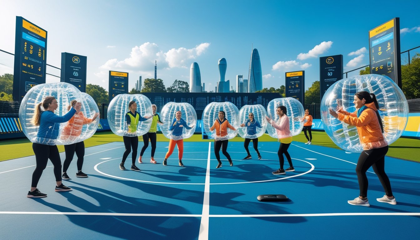 People wearing transparent inflatable bubble suits playing sports on an outdoor field with a futuristic city skyline in the background.