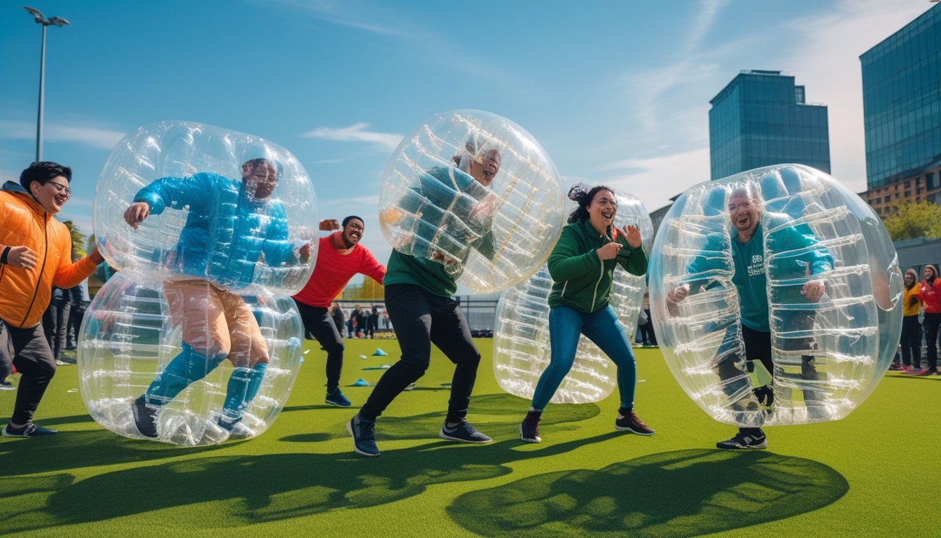 People of different ages and backgrounds playing bubble sports outdoors on a grassy field, wearing large inflatable bubbles and enjoying active games.