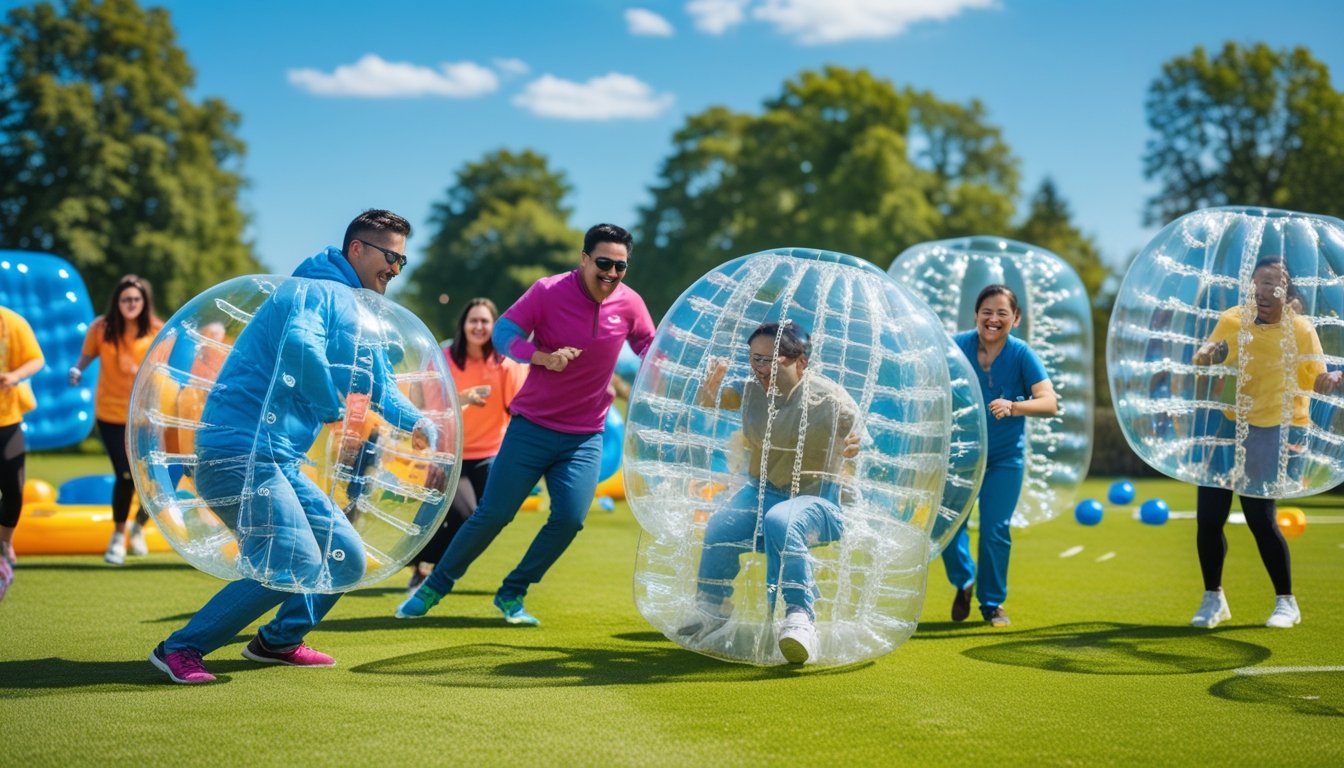 People playing various bubble sports outdoors on a sunny day, wearing large inflatable bubble suits and having fun on a green field.