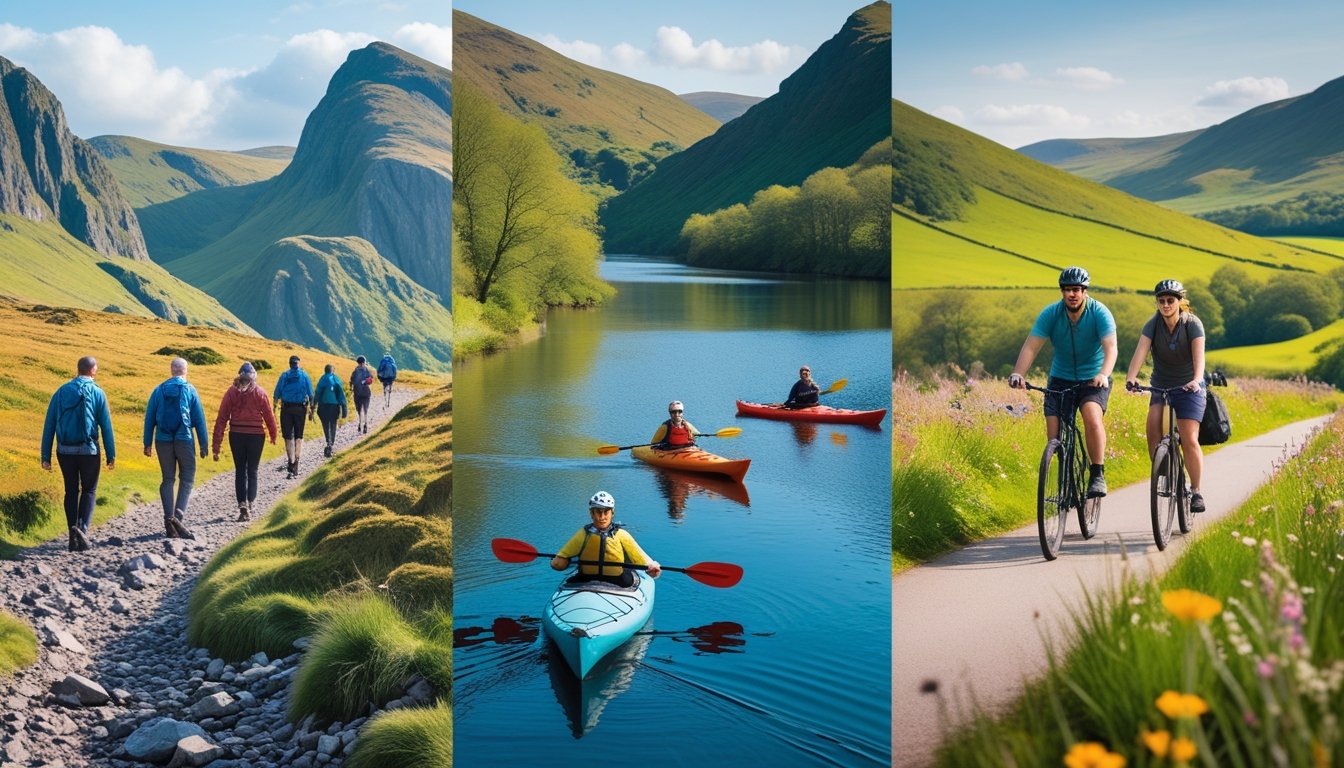 People hiking, kayaking, and cycling in scenic outdoor locations with mountains, forests, and countryside in the UK.