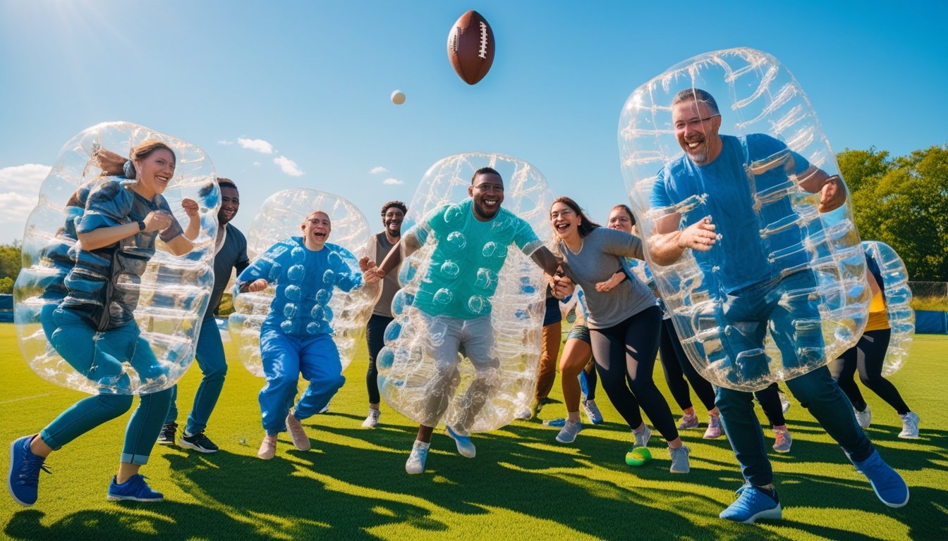 A group of people playing bubble football outdoors on a sunny day, wearing large inflatable bubbles and chasing a football on a grassy field.
