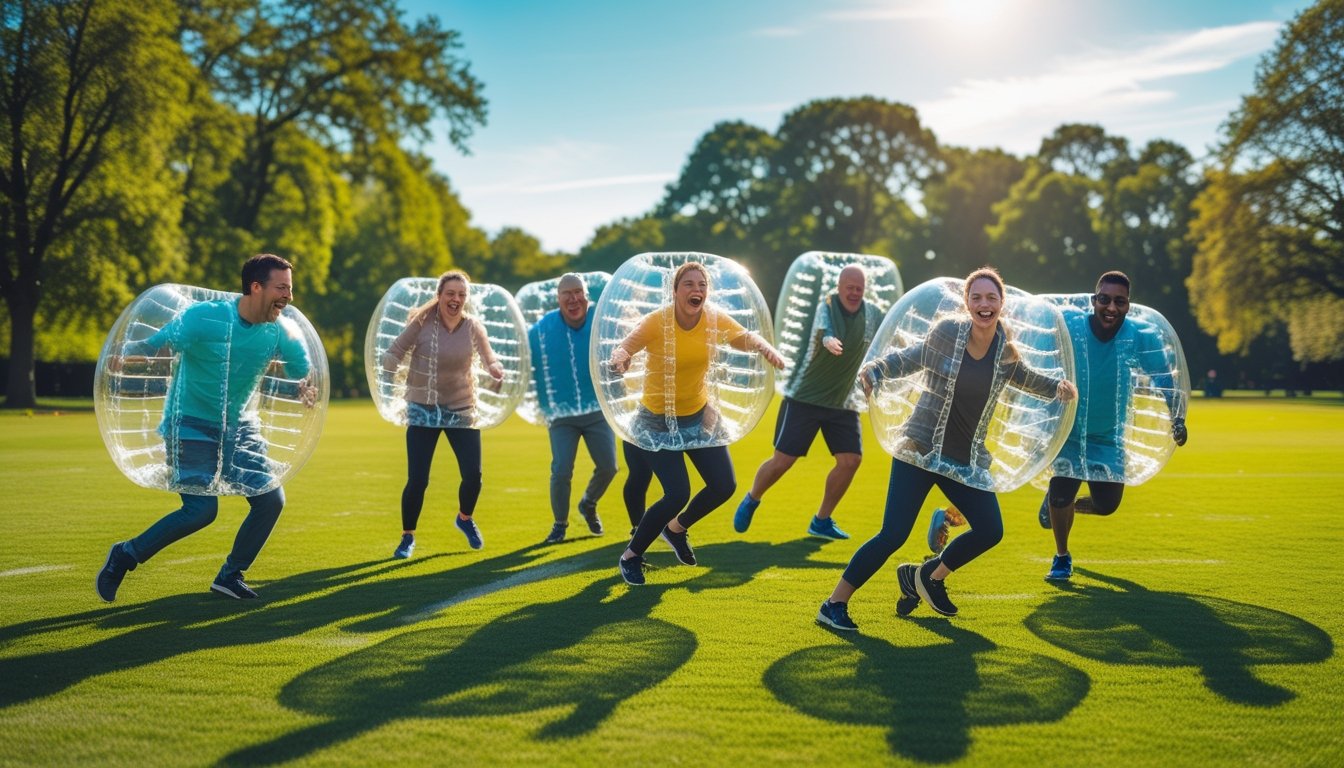 A group of adults playing bubble football outdoors on a sunny day in a green park, wearing large inflatable bubbles and laughing as they collide.
