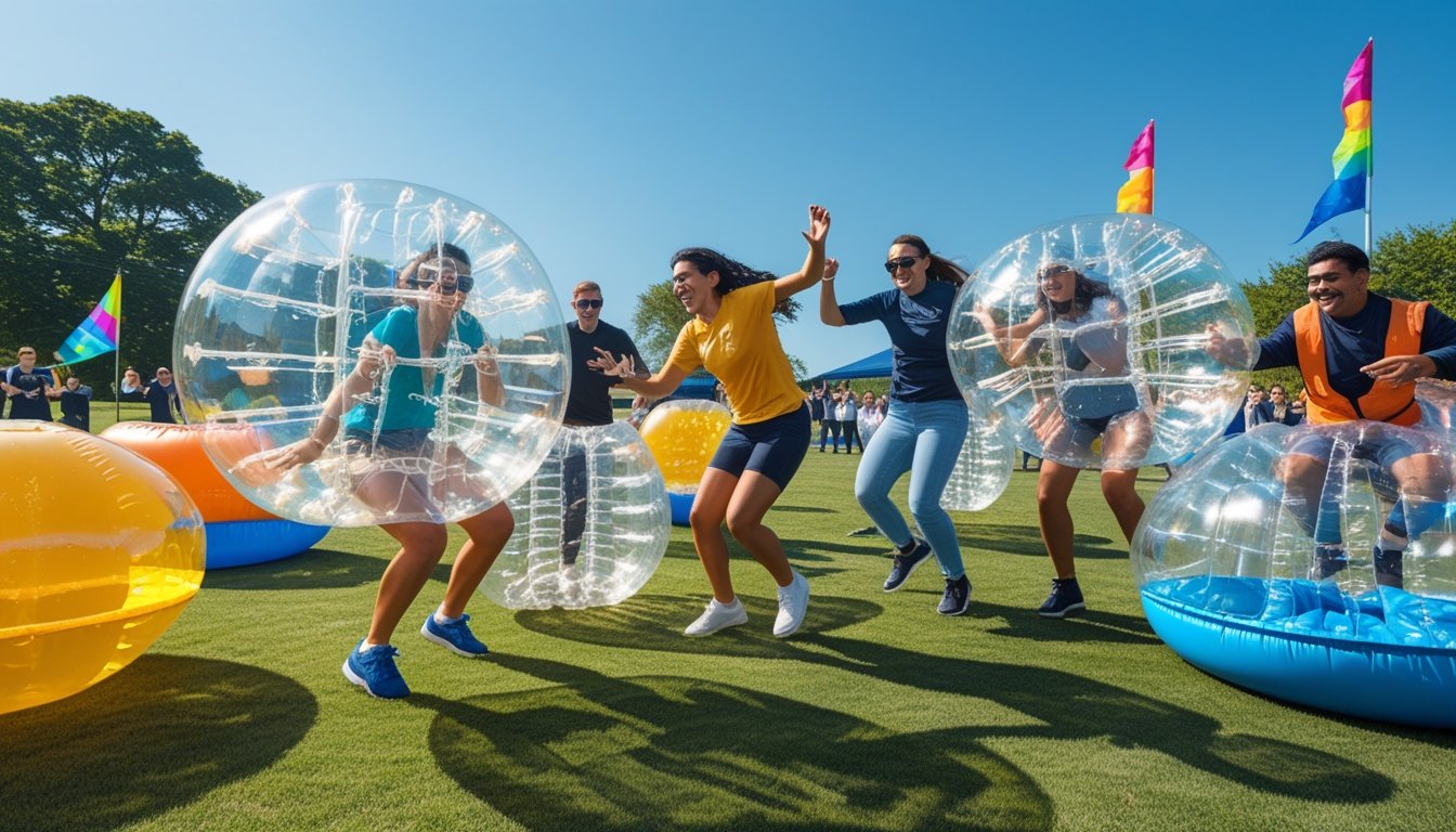 People playing various bubble sports outdoors on a grassy field with inflatable bubbles, running and bouncing under a clear sky.