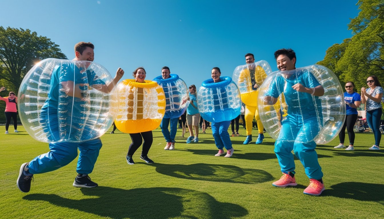 People playing various bubble sports outdoors in a sunny park, wearing inflatable bubble suits and protective gear, enjoying active and friendly games.
