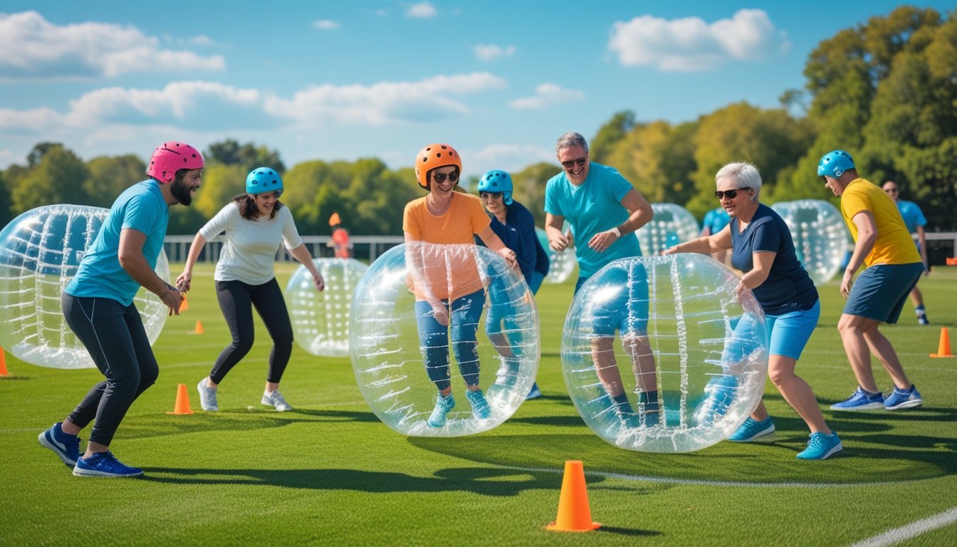 People playing and bouncing inside large transparent inflatable bubbles on a grassy field with trees and a clear sky in the background.
