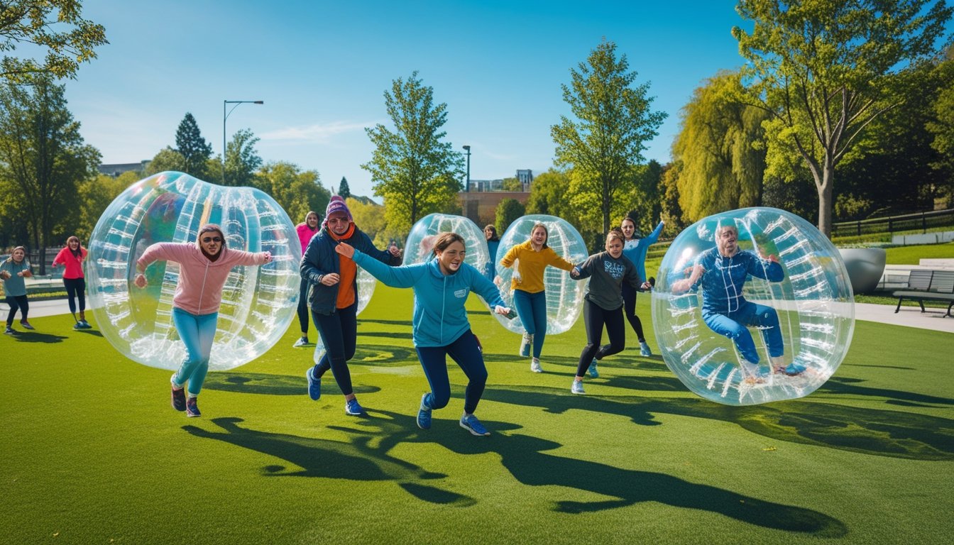 People wearing large inflatable bubble suits playing and bouncing on a grassy field outdoors with trees and benches in the background.