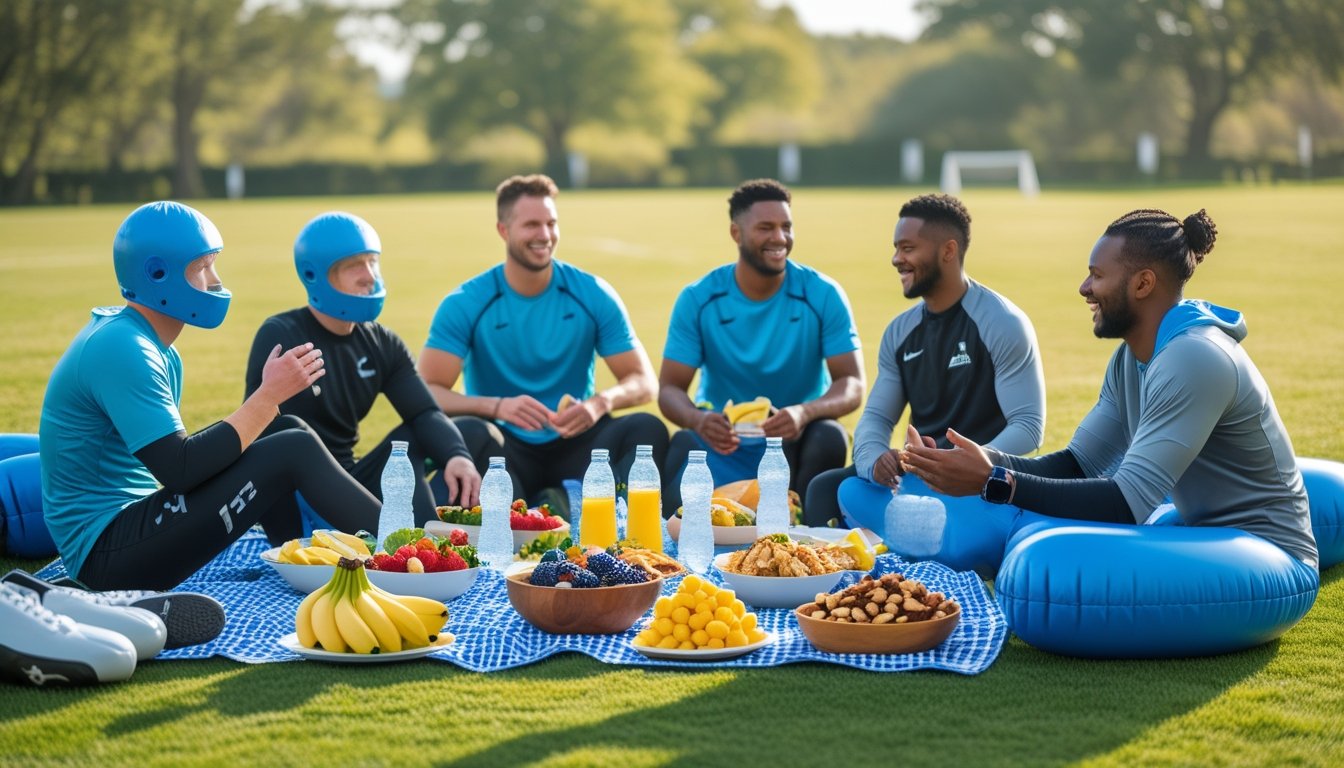 A group of athletes sitting on grass after a bubble football game, eating healthy snacks and drinking fluids outdoors.