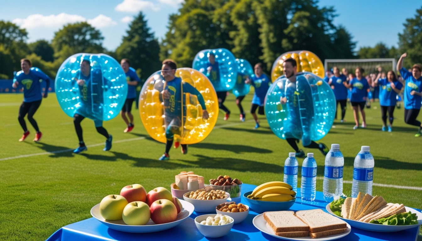 Players in inflatable bubble suits playing football on a grassy field with a picnic table nearby displaying healthy snacks and drinks.