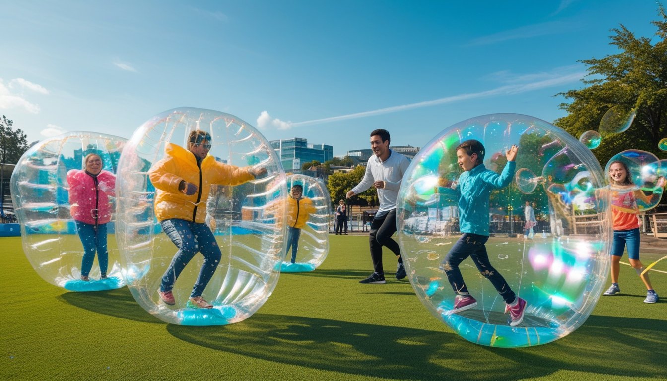 People playing various bubble sports outdoors, including bubble soccer, bubble sumo wrestling, and children chasing giant soap bubbles in a park.