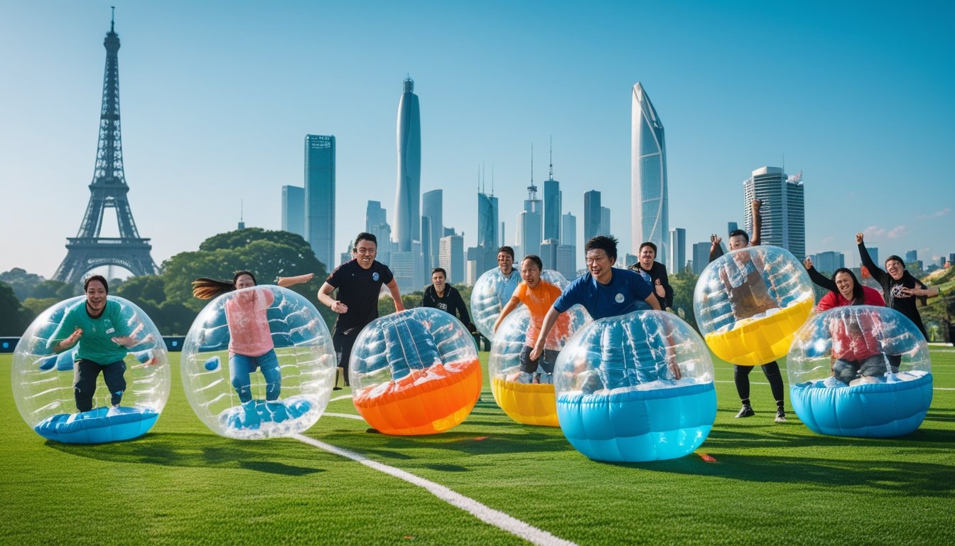 People playing various bubble sports outdoors on a sunny day with green grass and famous landmarks in the background.