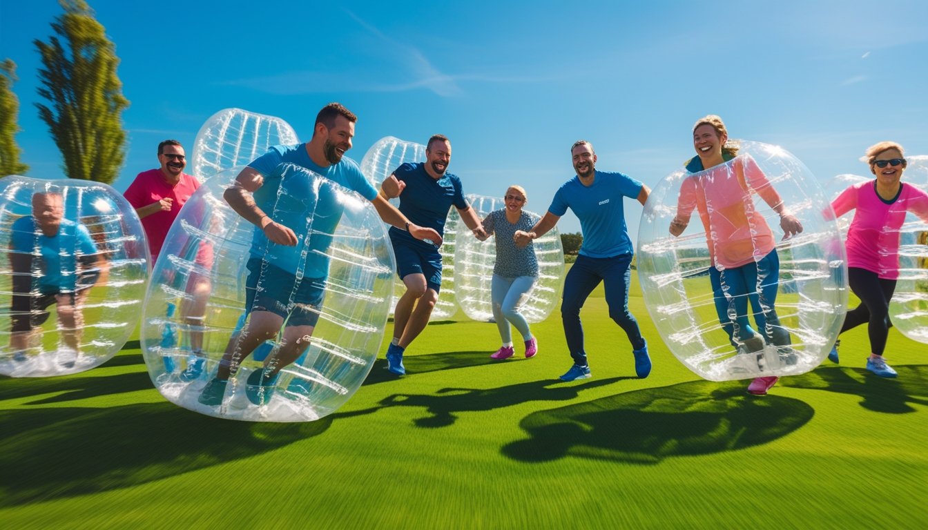 A group of adults playing bubble football outdoors on a grass field, wearing large transparent inflatable bubbles and showing expressions of joy and teamwork.