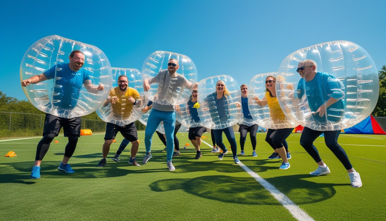 A group of adults playing bubble football on a grassy field, wearing inflatable bubbles and enjoying the game together.