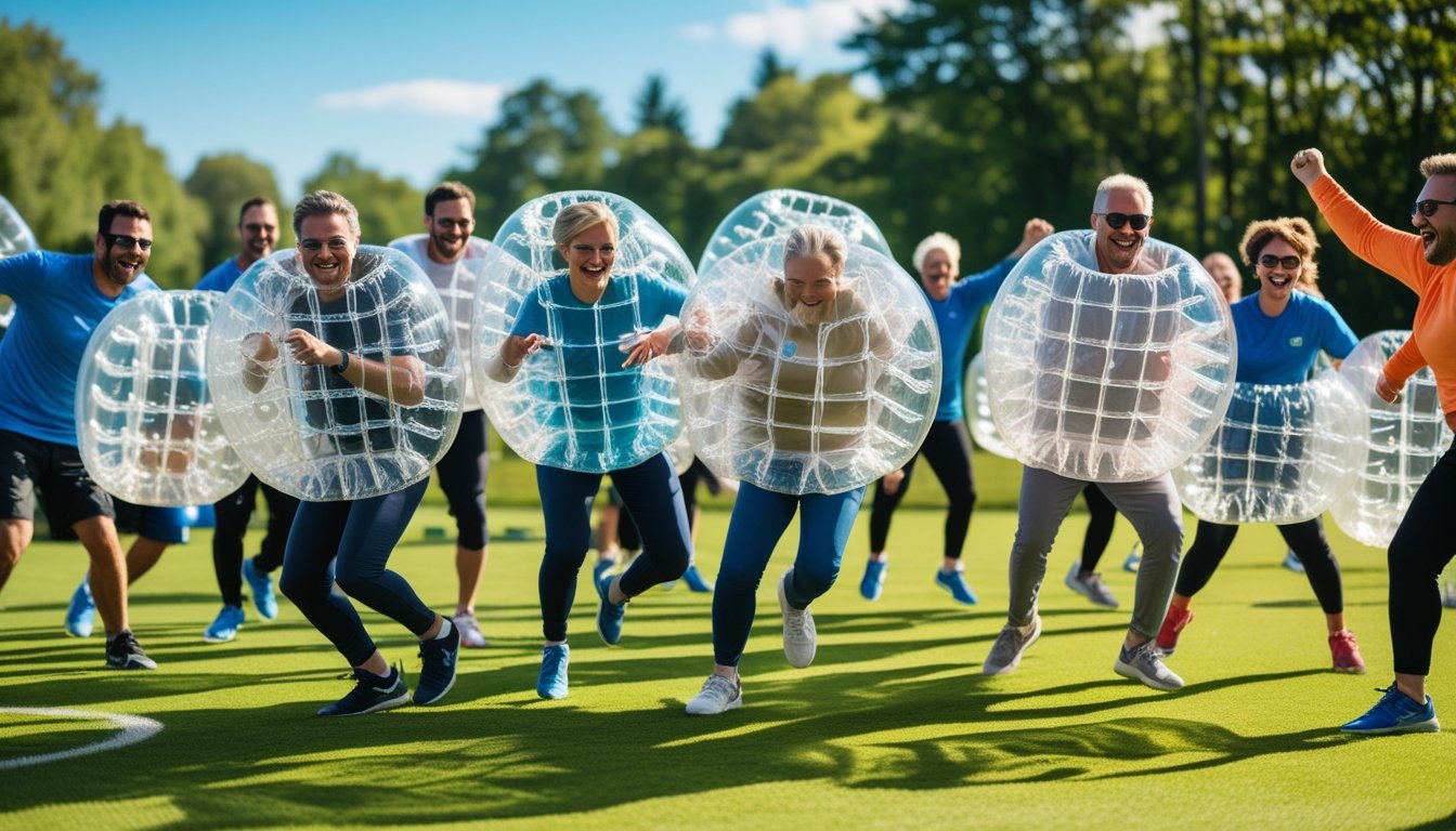 A group of people playing bubble football outdoors, wearing inflatable bubbles and enjoying the game together on a grass field.