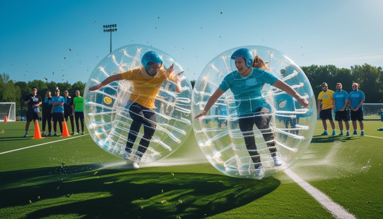 Two people wearing large inflatable bubbles colliding on a grassy field with others watching nearby under a clear sky.