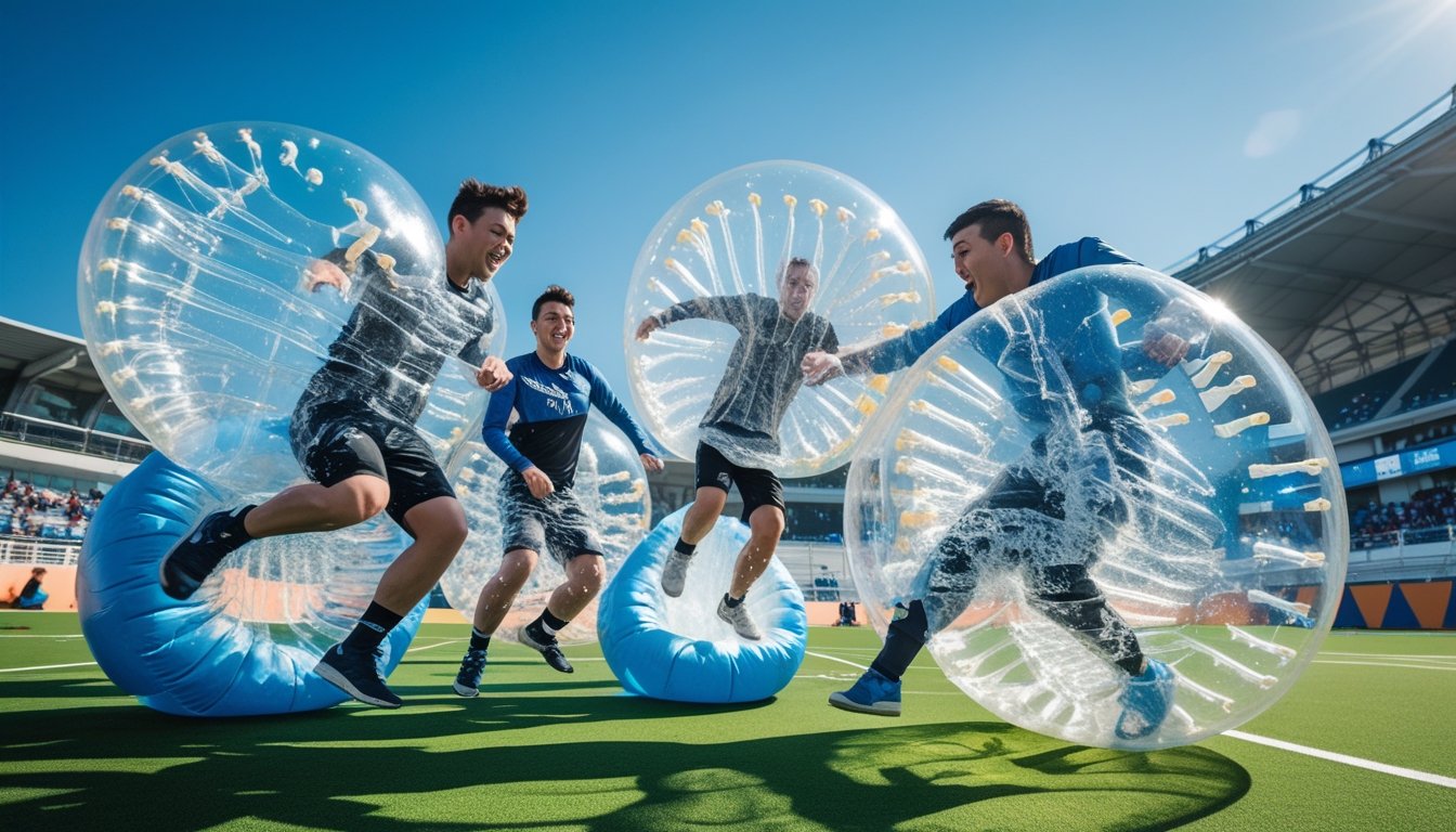 Several athletes wearing large transparent inflatable bubbles playing a competitive game on an outdoor sports field with a stadium and spectators in the background.
