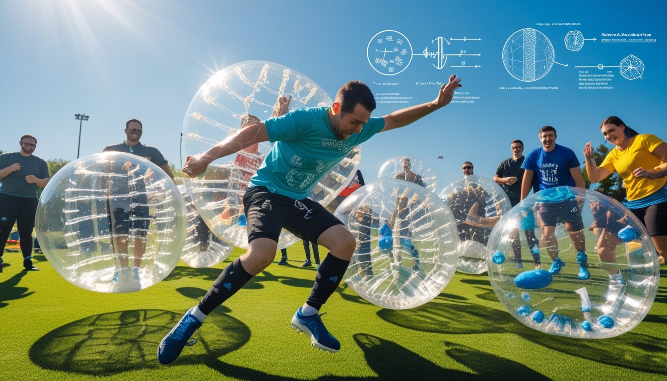 People playing bubble sports outdoors on a grassy field, wearing large transparent inflatable bubbles and colliding playfully while others watch.