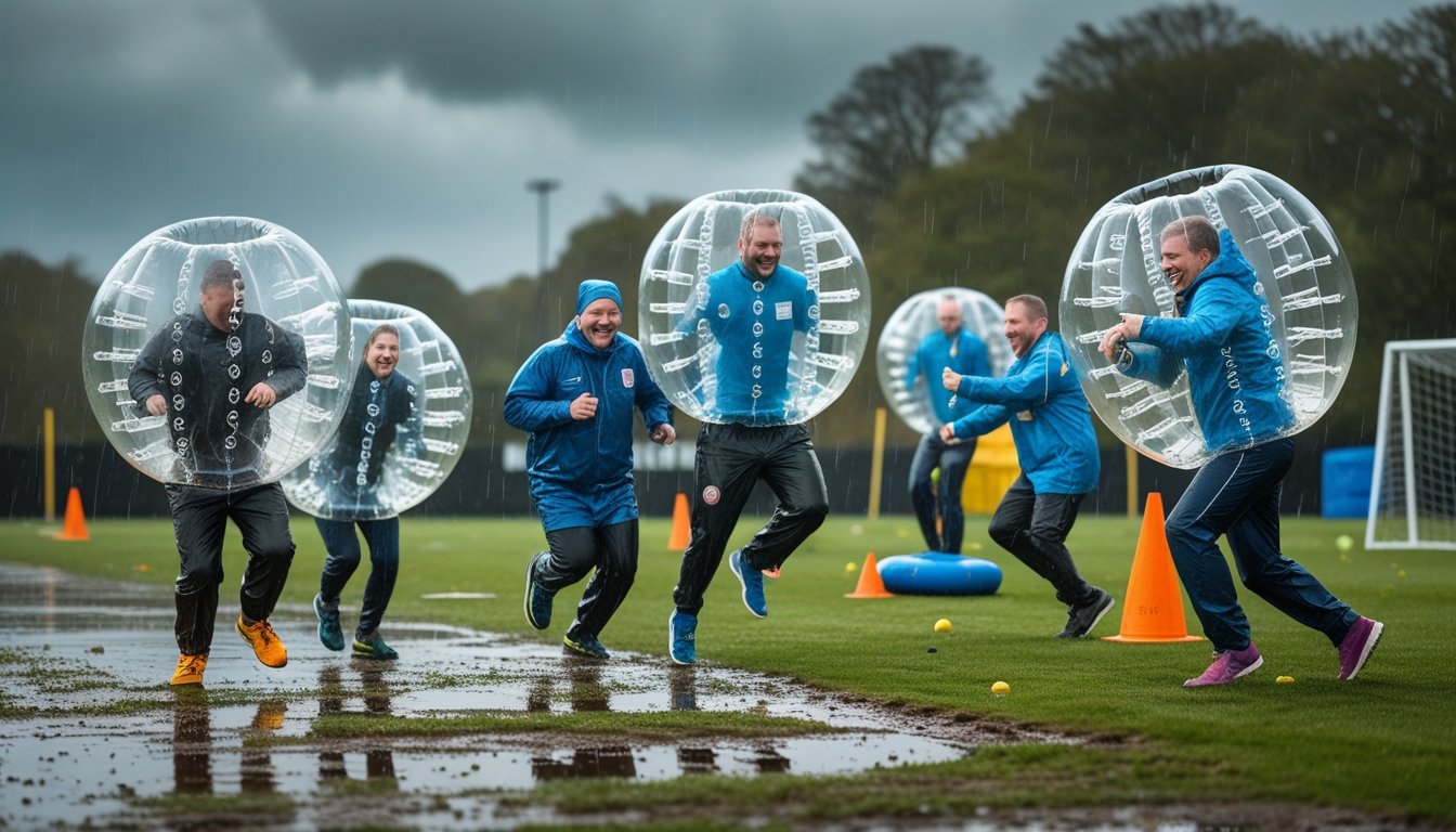 People playing bubble football on a wet, muddy field in the rain, with a coach giving safety instructions nearby.