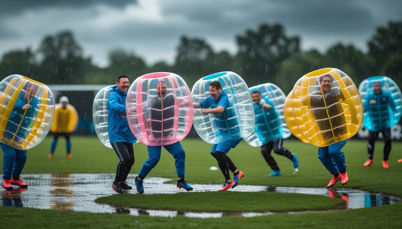 Players in inflatable bubble suits playing football on a wet grassy field during rain with an overcast sky.