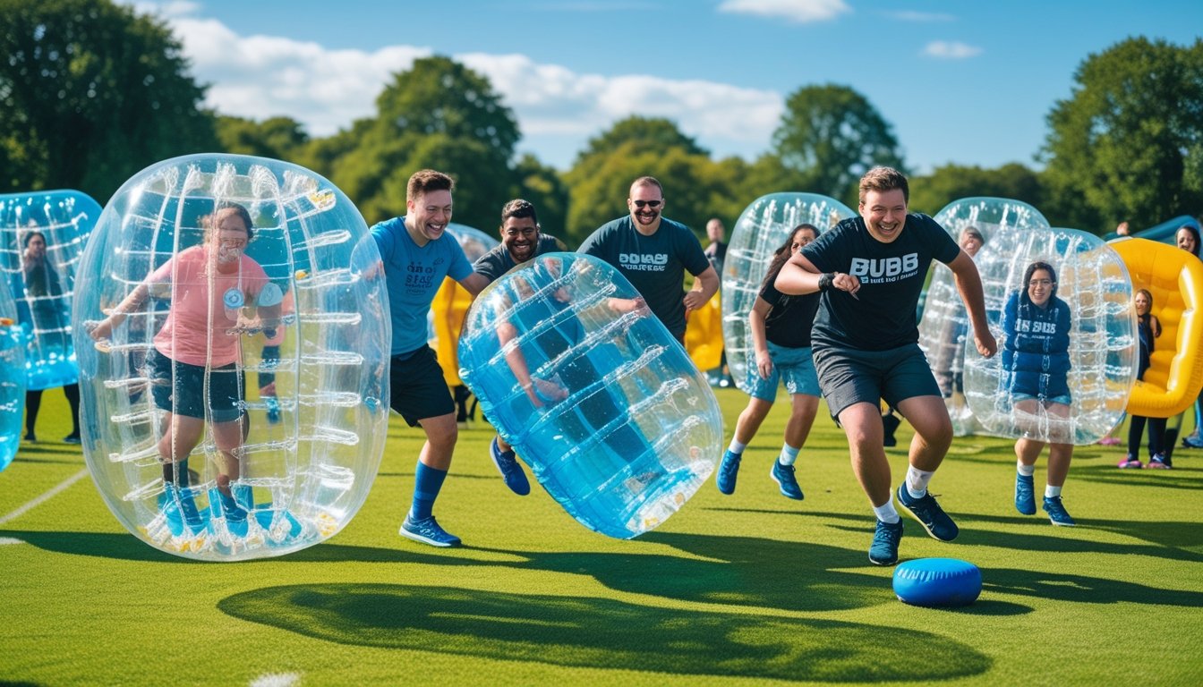 People wearing large inflatable bubbles playing various bubble sports outdoors on a grassy field with trees and blue sky in the background.