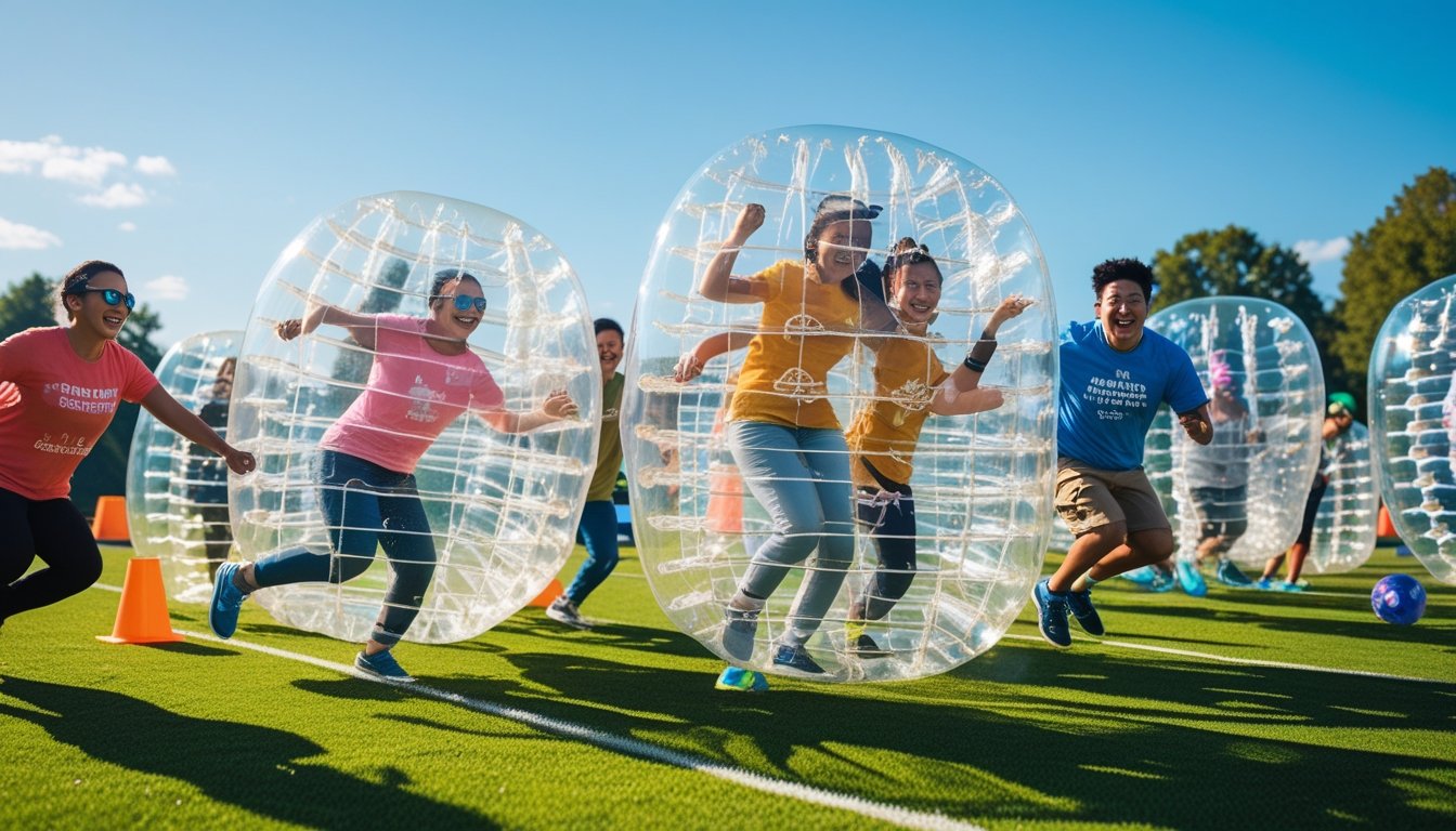People of different ages and backgrounds playing bubble sports on a green field, wearing large inflatable bubble suits and enjoying energetic outdoor activities.