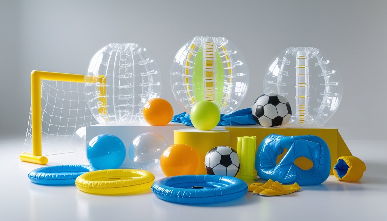 A collection of bubble sports equipment including inflatable bubble suits, bubble balls, helmets, knee pads, and bubble soccer goalposts arranged on a white surface.