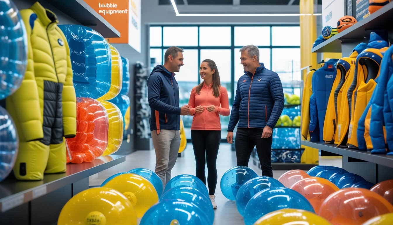 Three adults examining uncommon bubble sports equipment displayed in a bright, organised sports store.