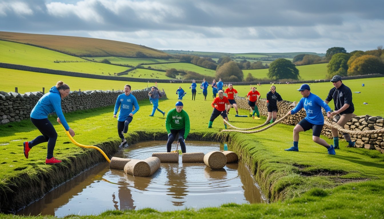 People taking part in various unusual sports in a green countryside setting with rolling hills and cloudy sky in the UK.