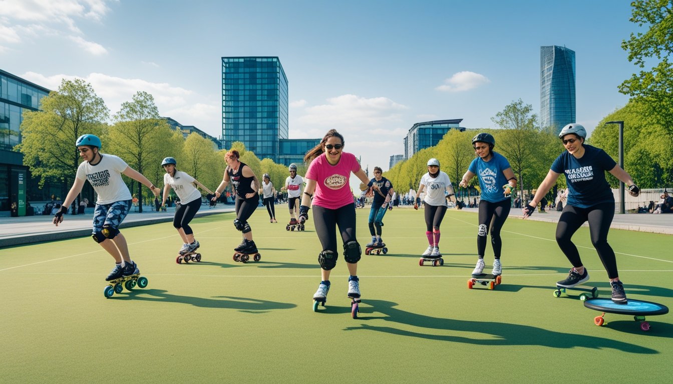 A group of people playing various unconventional sports outdoors in a park on a sunny day.