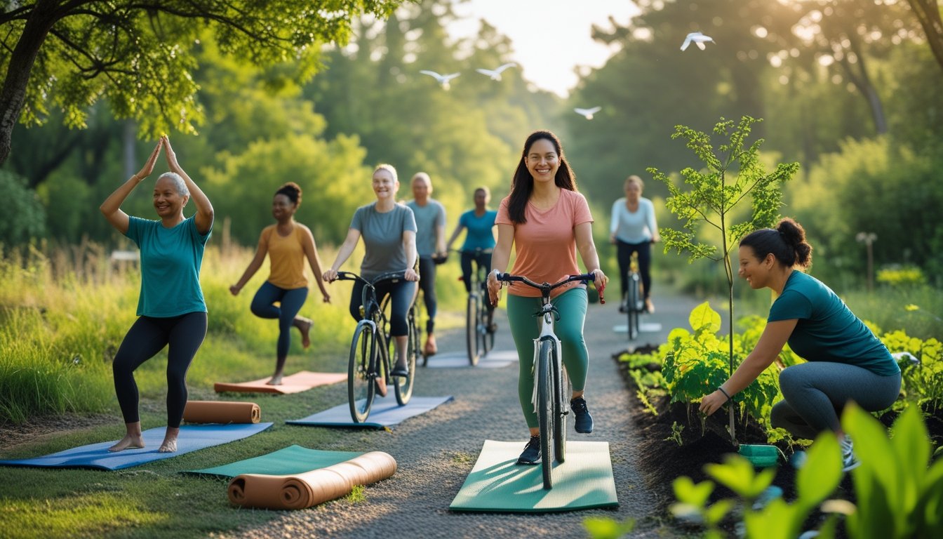 People practicing yoga, cycling, and planting trees outdoors in a green natural setting.