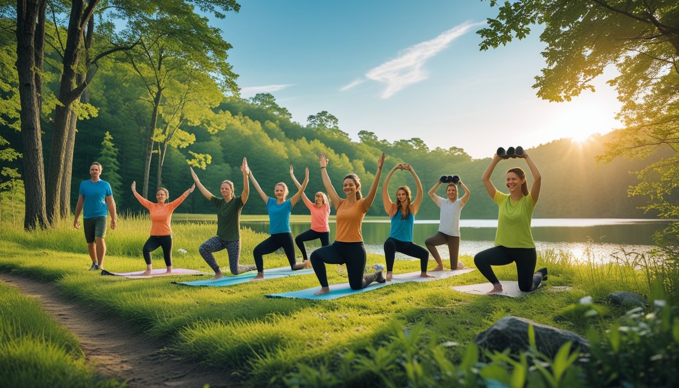A group of people enjoying hiking, yoga, and birdwatching in a green forest clearing near a lake on a sunny day.