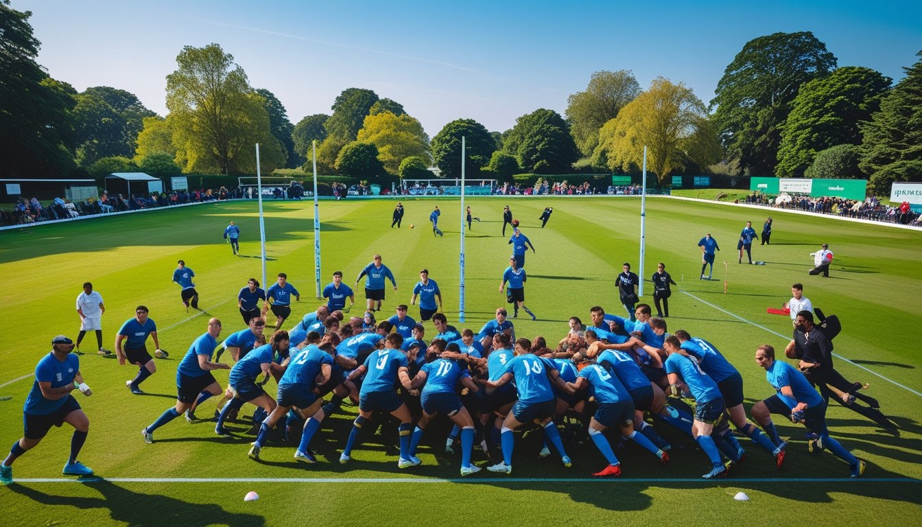 People playing rugby, football, and cricket on outdoor sports fields in a green park with spectators watching.