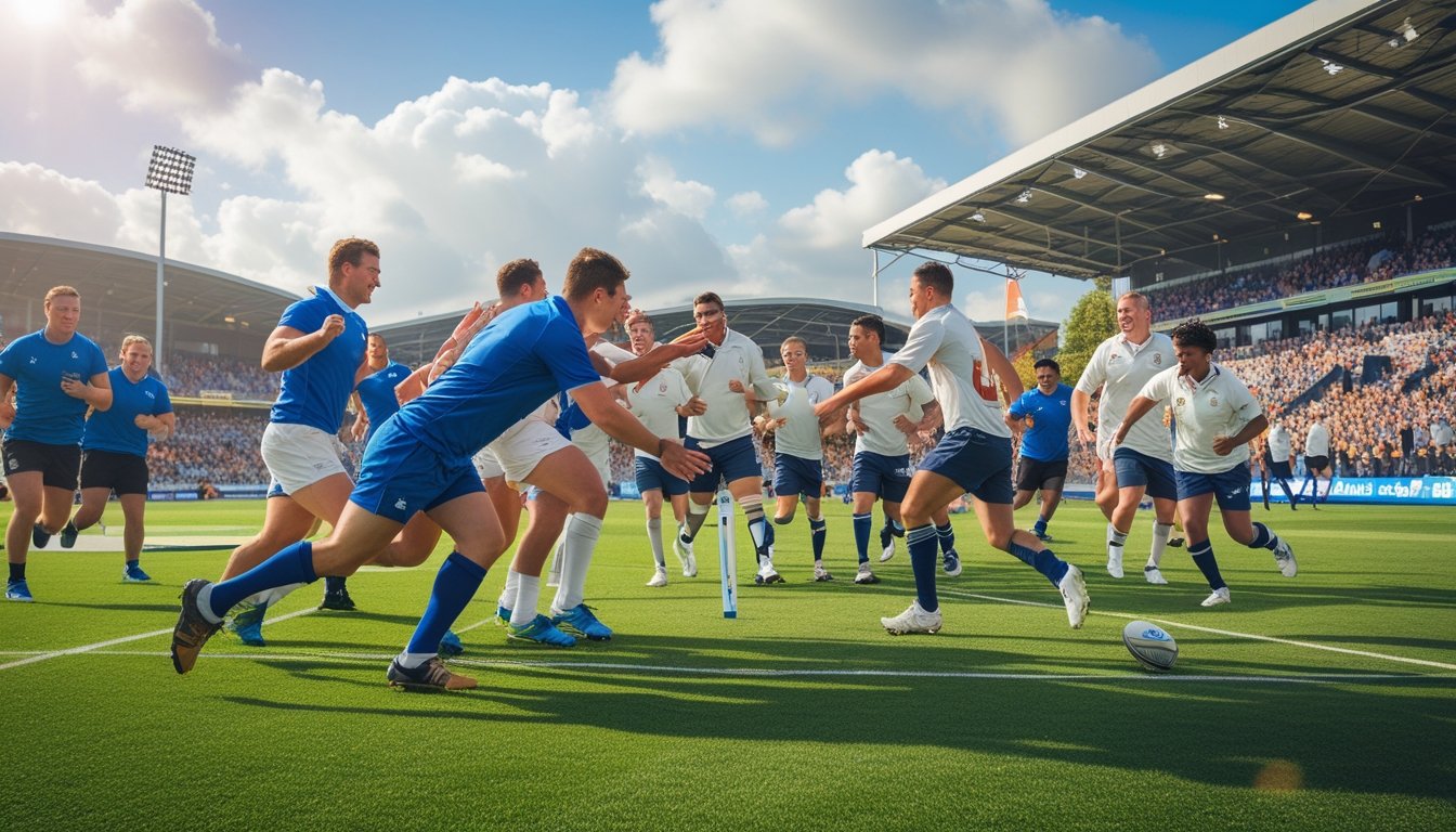 Athletes playing rugby, cricket, and football outdoors on green fields with spectators and sports facilities in the background.